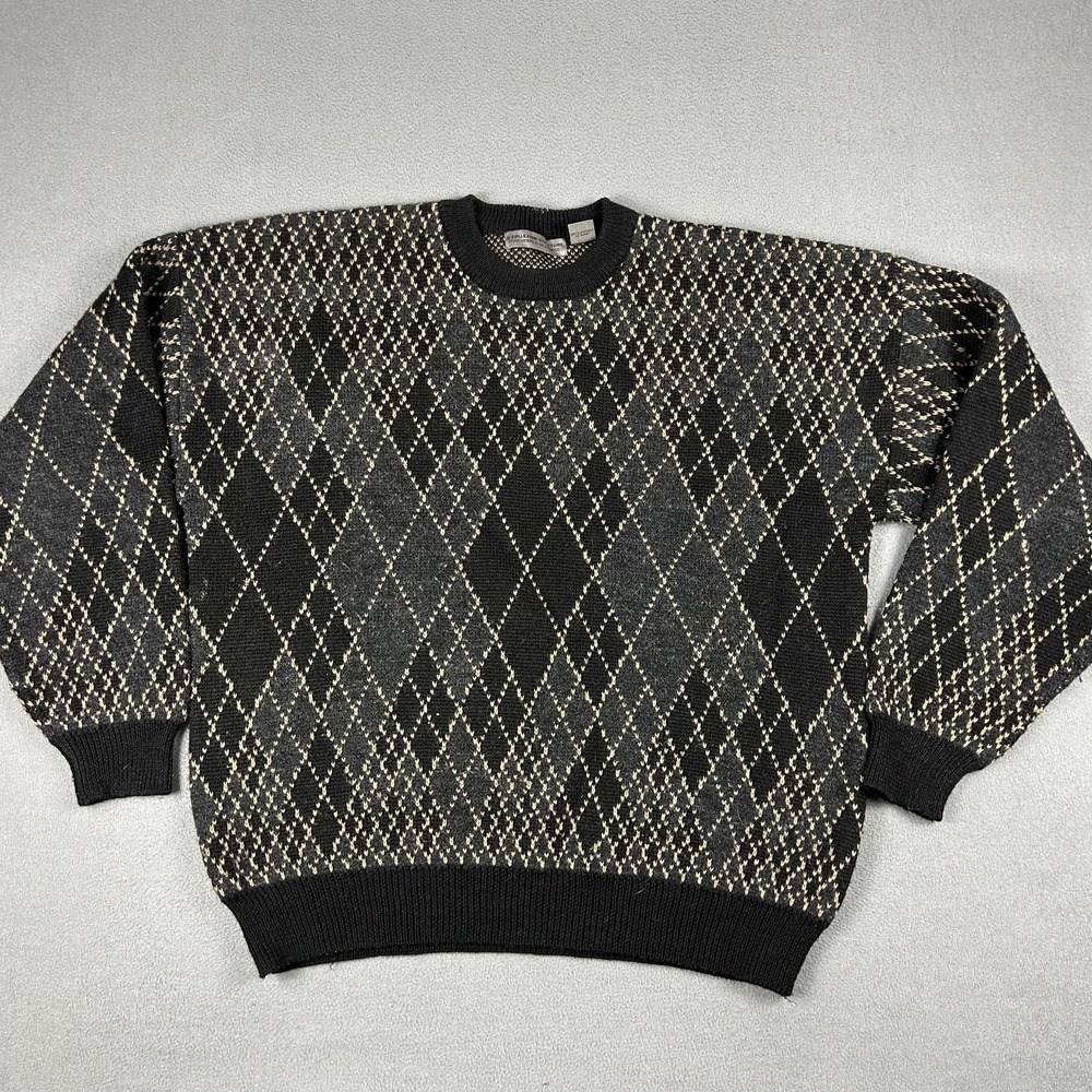 Vintage Le Collezioni Structure Sweater Mens Large Black‎ Argyle Knit 90s